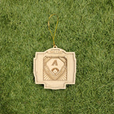 A wooden ornament with a baseball-themed design is placed on a grassy surface.