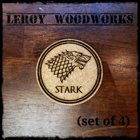GOT House Stark Cork Coasters, Game of Thrones, Laser Engraved, Custom, Man Cave, Personalized, Beer (set of 4)