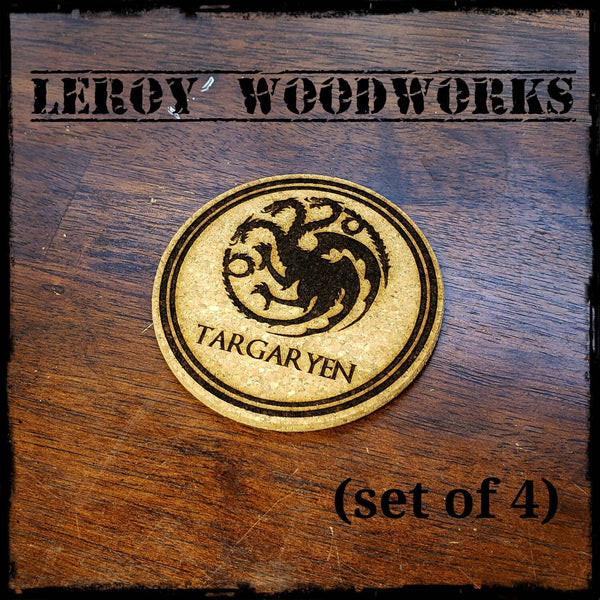 GOT House Targaryen Cork Coasters, Game of Thrones, Laser Engraved, Custom, Man Cave, Personalized, Beer (set of 4)