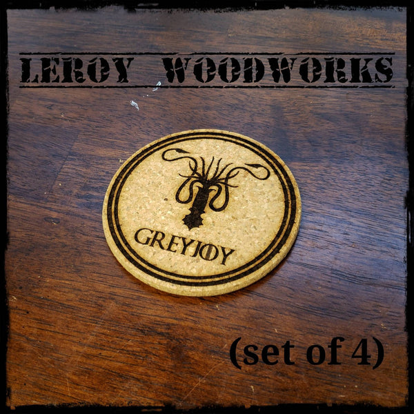 GOT House Greyjoy Cork Coasters, Game of Thrones, Laser Engraved, Custom, Man Cave, Personalized, Beer (set of 4)