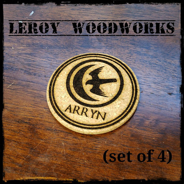GOT House Arryn Cork Coasters, Game of Thrones, Laser Engraved, Custom, Man Cave, Personalized, Beer (set of 4)