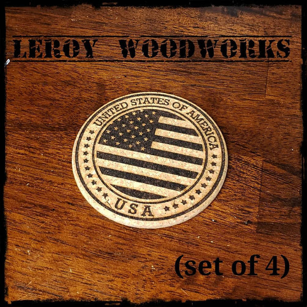 United States Flag Cork Coasters, USA, America, laser engraved, custom, man cave, personalized, beer (set of 4)