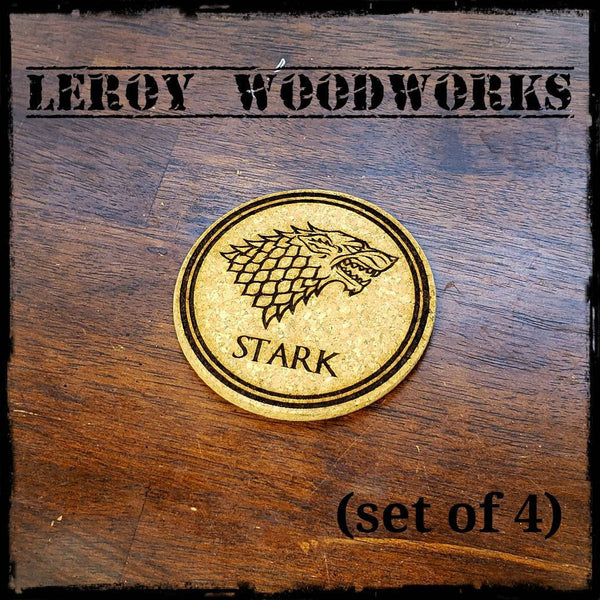 GOT House Stark Cork Coasters, Game of Thrones, Laser Engraved, Custom, Man Cave, Personalized, Beer (set of 4)