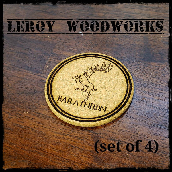 GOT House Baratheon Cork Coasters, Game of Thrones, Laser Engraved, Custom, Man Cave, Personalized, Beer (set of 4)